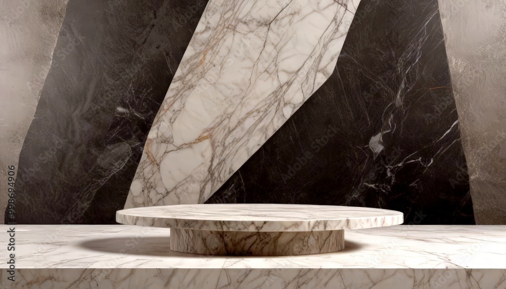 Poster a marble pedestal with a round top sits in front striking black and white marble wall, creating a vi