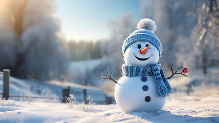 Obraz premium Cute snowman illustration in snowy landscape with scarf and wool hat. Christmas Celebration Time