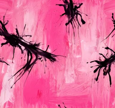 a pink background with black splatters and splotches, creating an abstract and dynamic visual effect