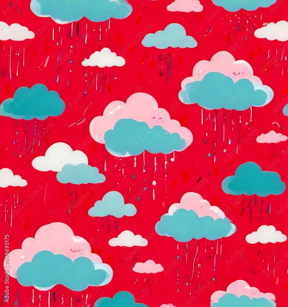 Poster a repeating pattern of white and blue clouds against a pink background, with rain droplets falling f