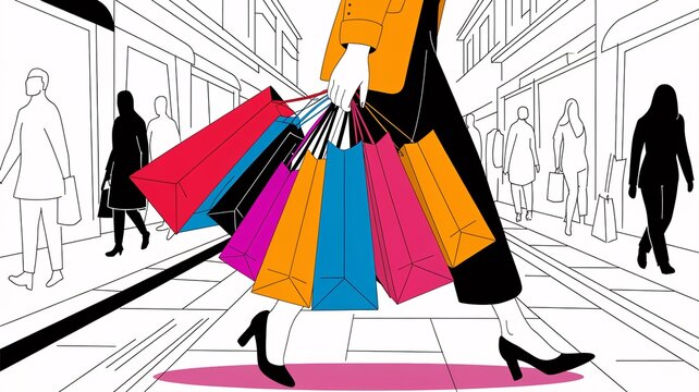 A stylized illustration of a bustling shopping street. The focal point is a person carrying multiple colorful shopping bags, surrounded by silhouettes of other shoppers. 