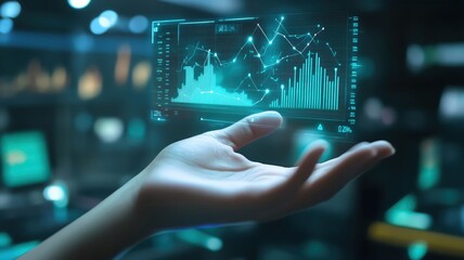 Fototapeta premium 3D holographic chart above a hand, interactive data analysis