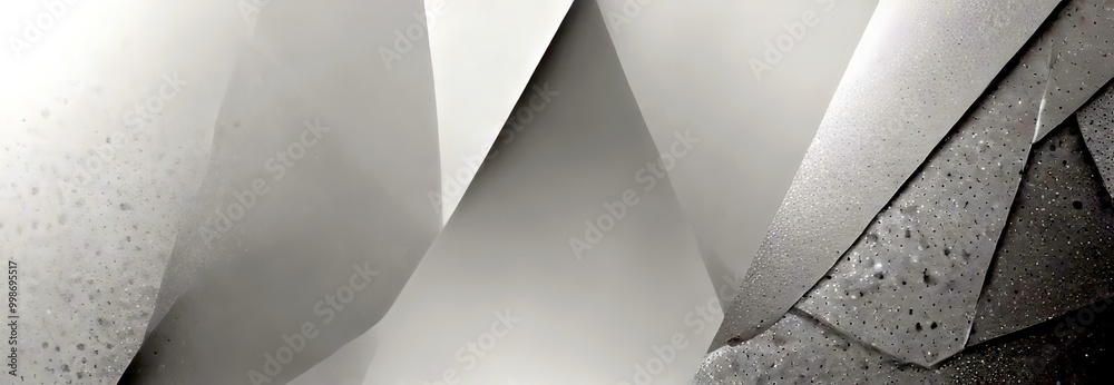 Poster abstract geometric pattern with overlapping white and gray shapes, creating a sense of depth and mov