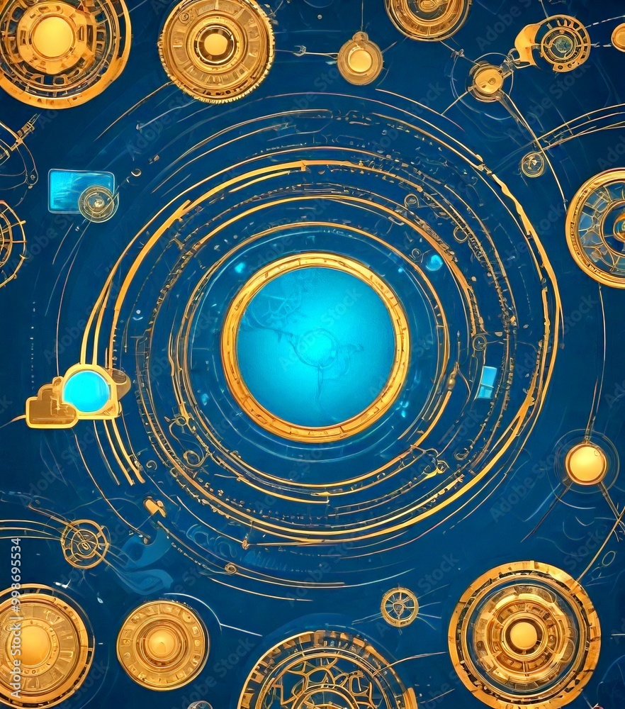 Aufkleber a digital illustration featuring a central blue sphere surrounded by a complex network of golden circles and lines, creating a futuristic and technological atmosphere