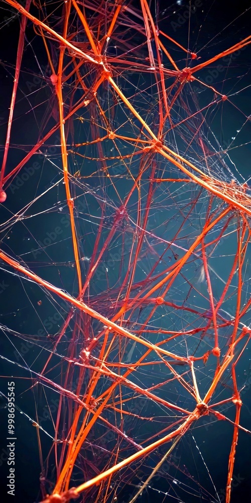 Aufkleber a close-up view spider web, with its intricate network of red and orange strands against a dark back