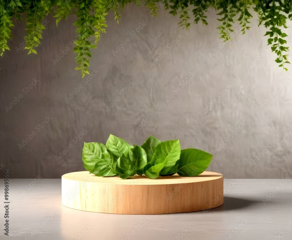 Aufkleber a wooden platform with a circular shape and a light brown finish is placed on a gray surface on top 