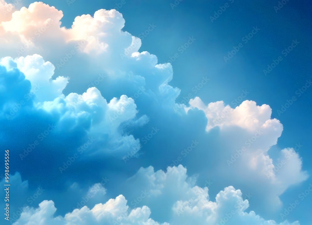 Poster a serene sky with fluffy white clouds scattered across a gradient background transitioning from ligh