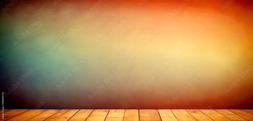 Poster a gradient background transitioning from blue to orange, with a wooden floor in the foreground