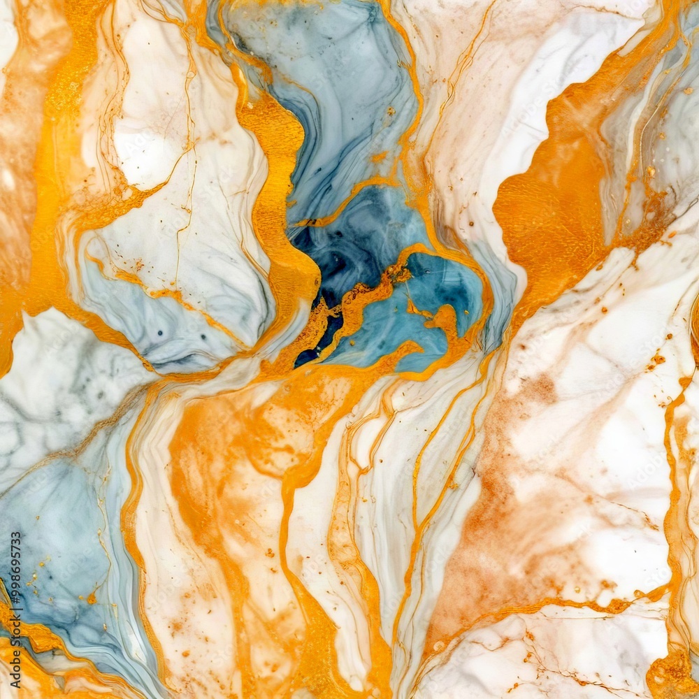 Poster a marble surface with a swirling pattern of blue, white, and gold colors, creating a sense of movement and depth