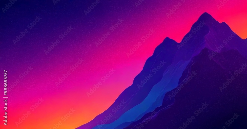 Poster a mountain range with a gradient sky transitioning from deep purple to vibrant orange at the horizon