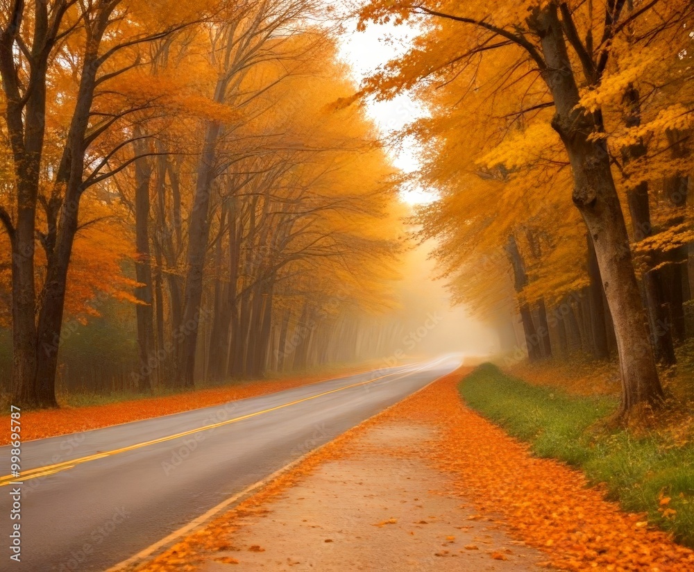Poster a foggy autumn day on a two-lane road, lined with trees displaying vibrant orange leaves, creating a