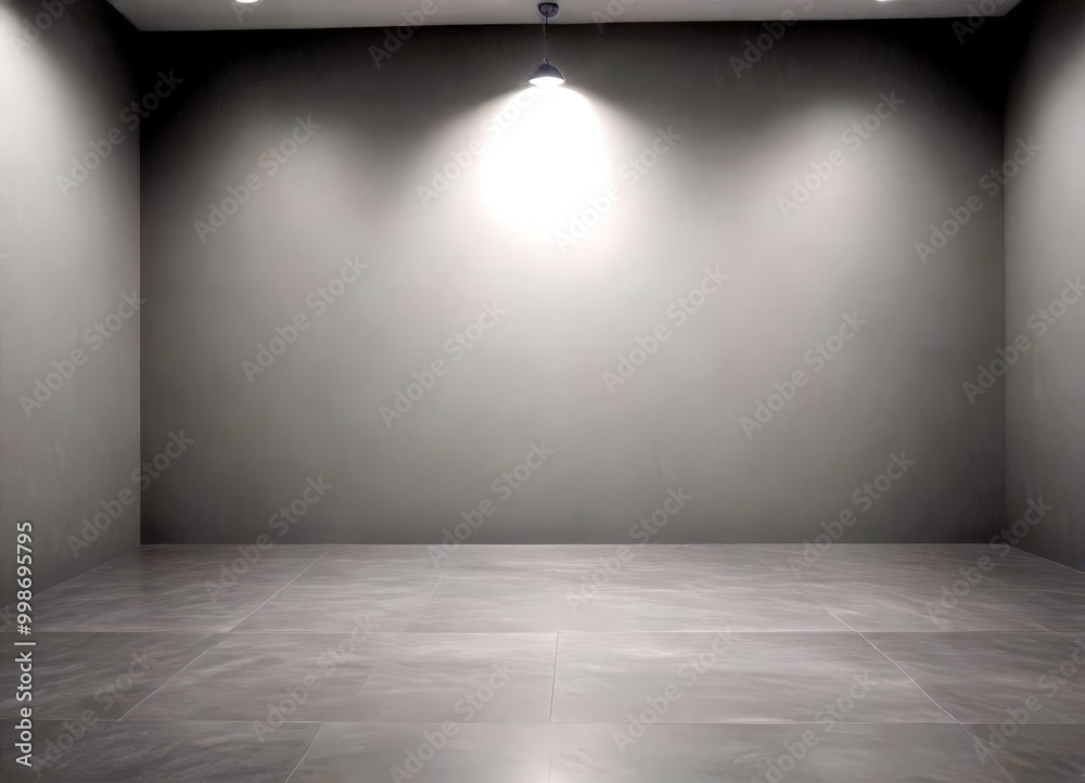 Aufkleber a dimly lit room with a single light fixture casting a soft glow on the gray tiled floor