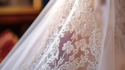 Elegant white lace embroidery on traditional russian bridal dress for wedding decor