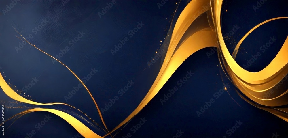 Poster a dark blue background with a striking gold wave pattern The wave pattern is composed of curved lines and swirls, creating a sense of movement and dynamism The gold color