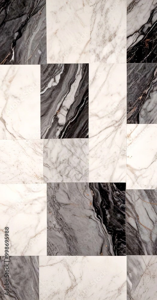 Aufkleber a grid of square tiles with a marble-like pattern, featuring a mix of white, gray, and black marble textures