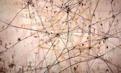 a close-up view complex network of thin, intersecting lines and strands, creating a visually striking abstract pattern against a textured, gray background