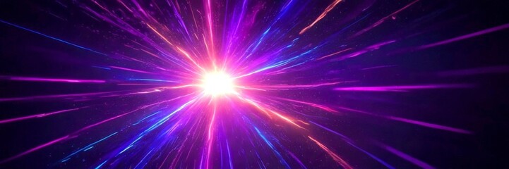 a vibrant burst of light and color, with a bright, radiant center surrounded by radiating lines of purple, blue, and orange hues, creating a dynamic and visually