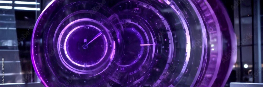Poster a close-up view futuristic clock face with a purple and black color scheme, featuring a circular design with concentric circles and a central clock face