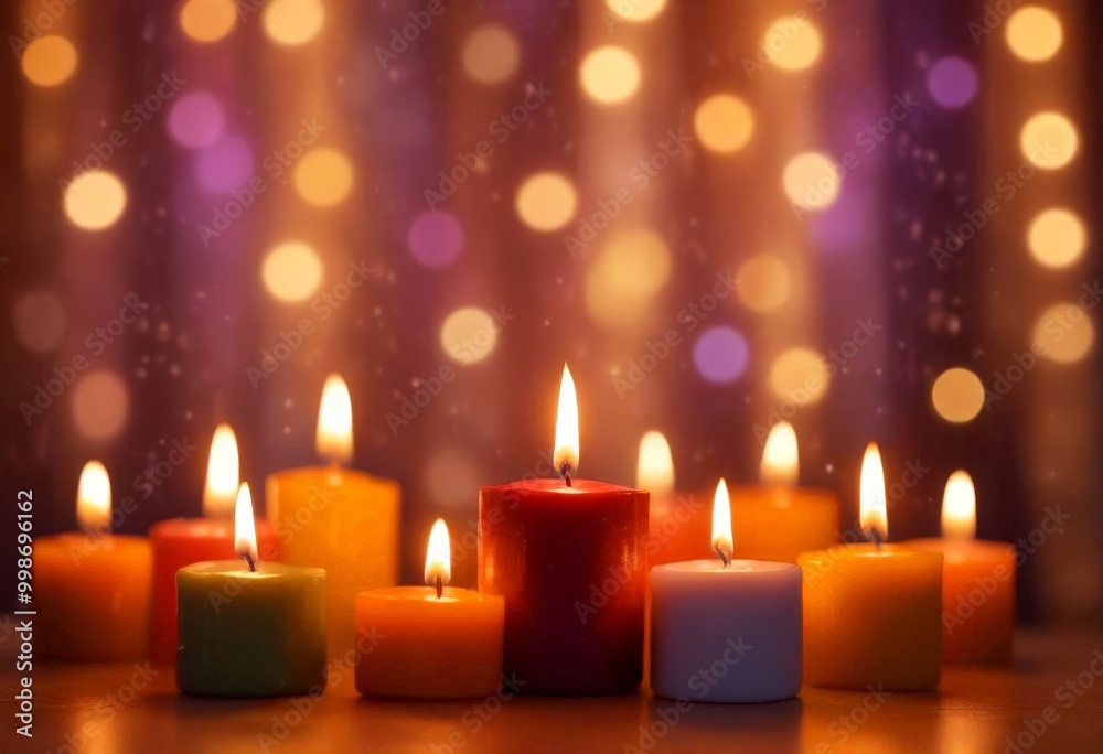 Fototapete A collection of lit candles in various colors and sizes, set against a backdrop of colorful bokeh lights, creating a warm and festive atmosphere