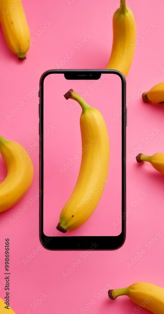 Aufkleber A smartphone screen displays a single banana, surrounded by additional bananas on a pink background