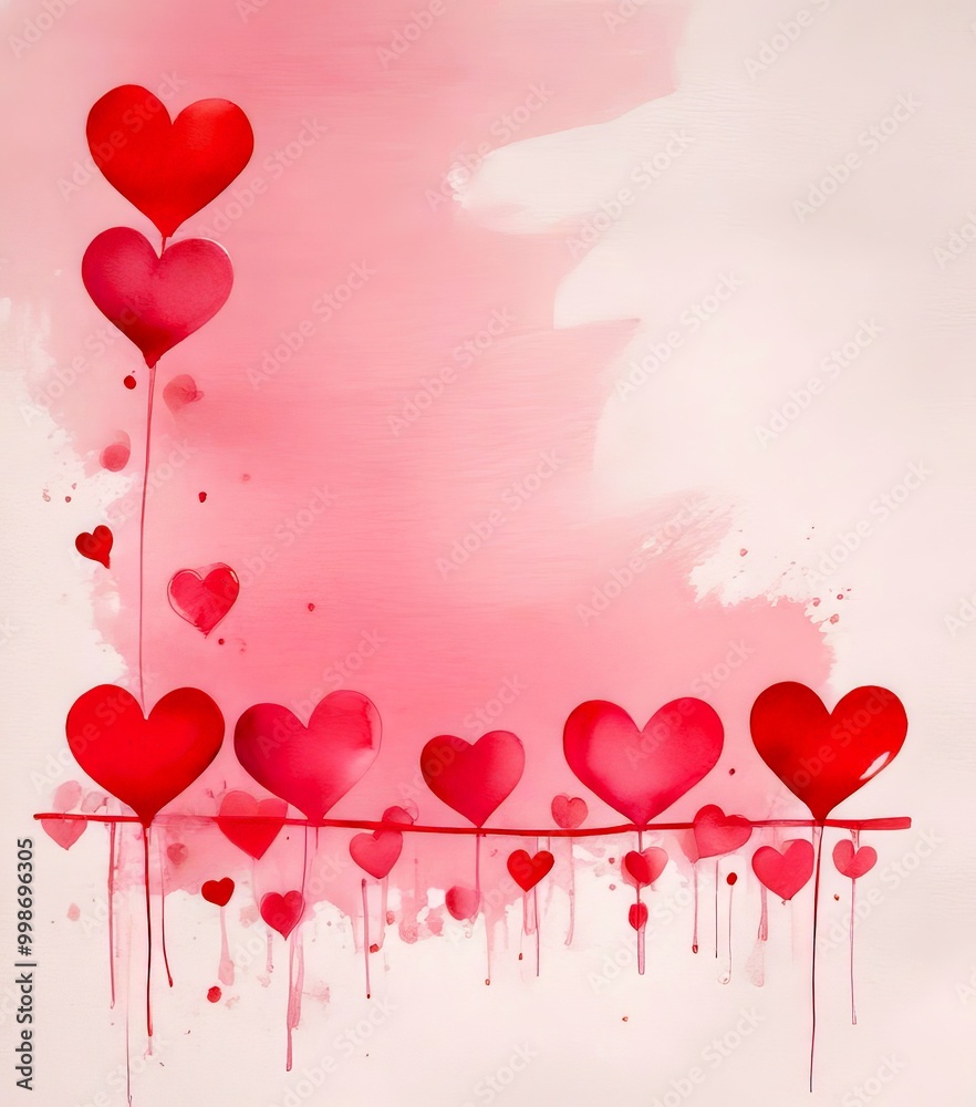 Aufkleber a watercolor painting featuring a pink background with red heart-shaped balloons floating and drippi