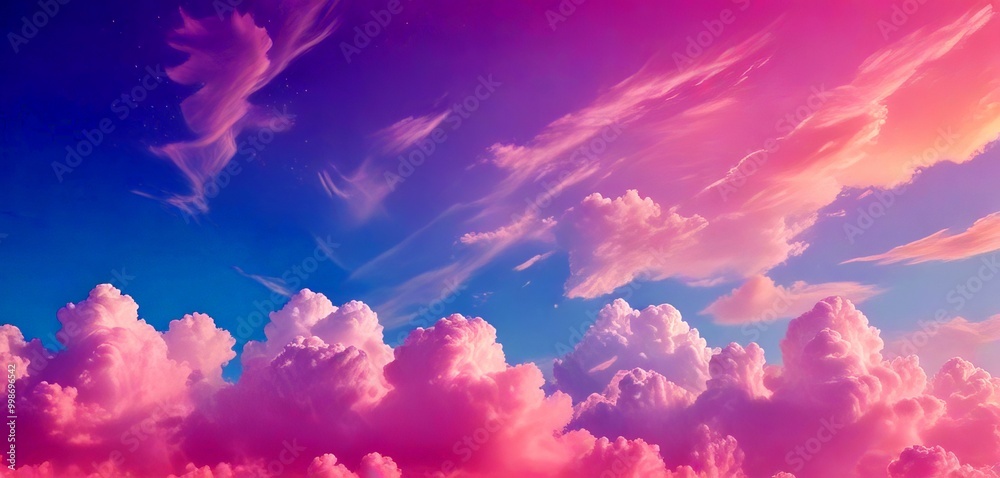 Poster a vibrant sky filled with fluffy white clouds in shades of pink and blue, with wispy clouds and a gr
