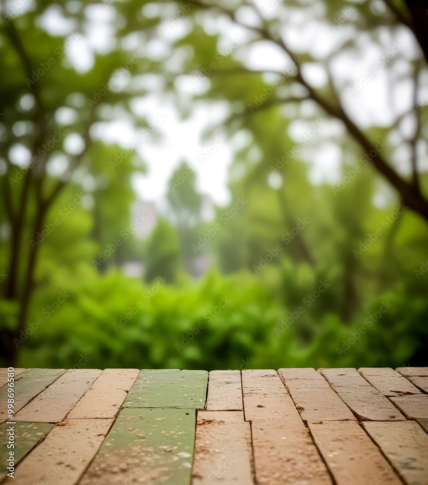 Poster A wooden deck with a brick pattern rests in the foreground, while a lush, verdant forest is visible in the blurred background