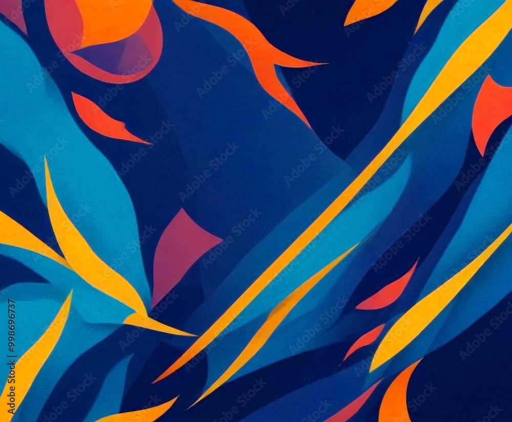 Poster an abstract composition featuring overlapping and intersecting lines and shapes in various colors, including blue, orange, and pink, against a dark blue background