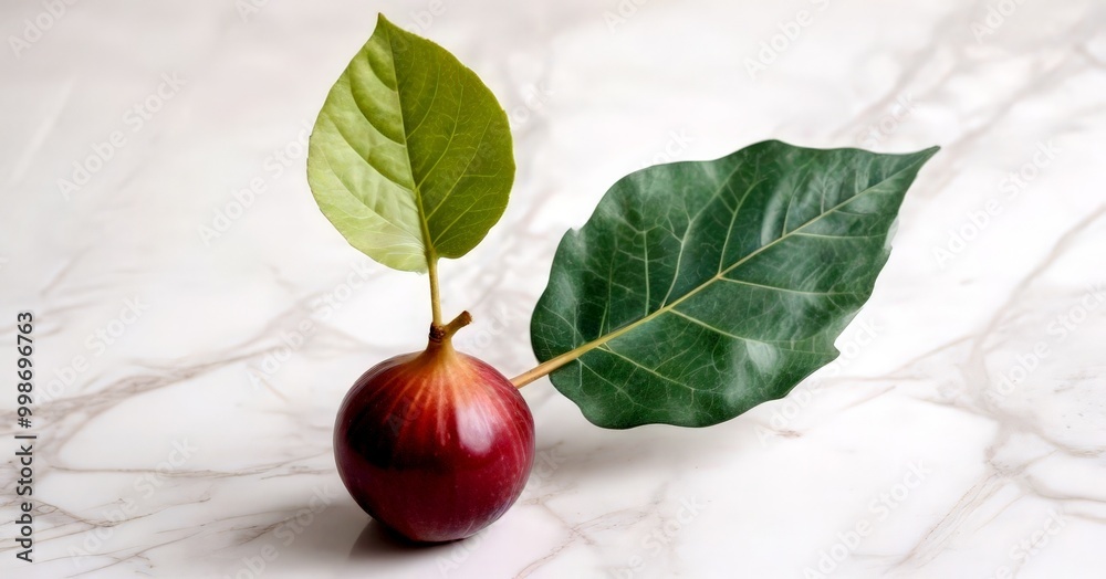 Poster a red apple with a green leaf sprouting from it, placed on a marble surface