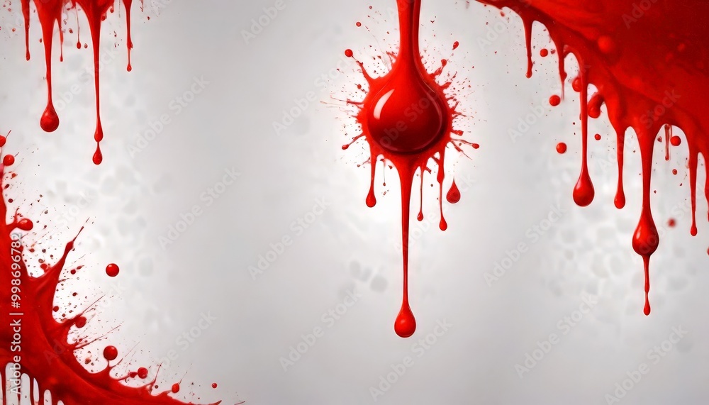 Poster a close-up view red liquid, possibly blood, dripping and splattering against a gray background The droplets are scattered randomly, creating a sense of movement and energy