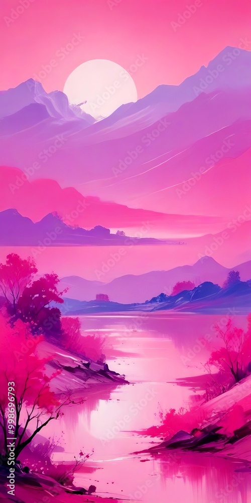 Poster a serene landscape with a calm lake, surrounded by mountains and trees with pink flowers, under a pi