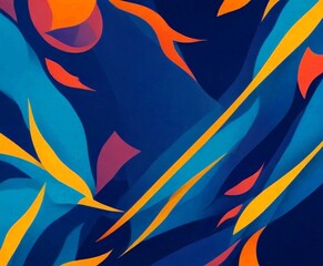 an abstract composition featuring overlapping and intersecting lines and shapes in various colors, including blue, orange, and pink, against a dark blue background
