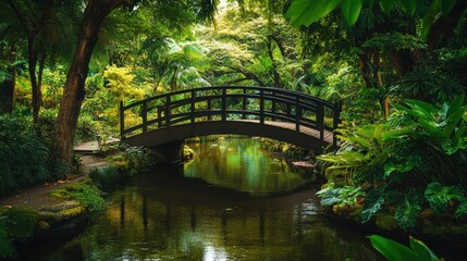 Fototapeta premium A minimalist pedestrian bridge, crossing a slow river in a peaceful park, with lush greenery all around
