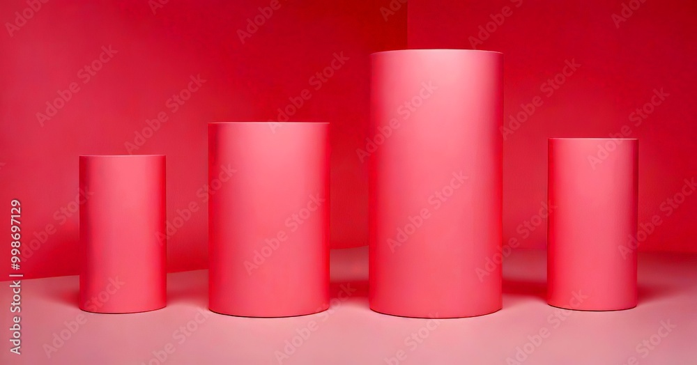 Poster Four cylindrical objects in varying sizes stand against a pink background, creating a minimalist and visually appealing composition