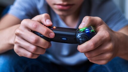 Close-up of a gamer's hands holding a black video game controller with illuminated buttons. The controller is held firmly, showcasing the gamer's focus and excitement.