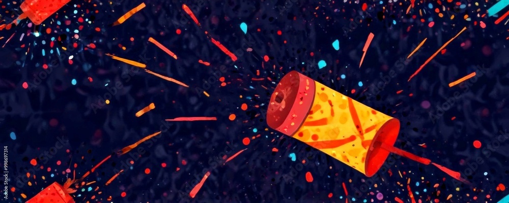 Poster a vibrant fireworks display against a dark background, with colorful bursts of light and shapes rese