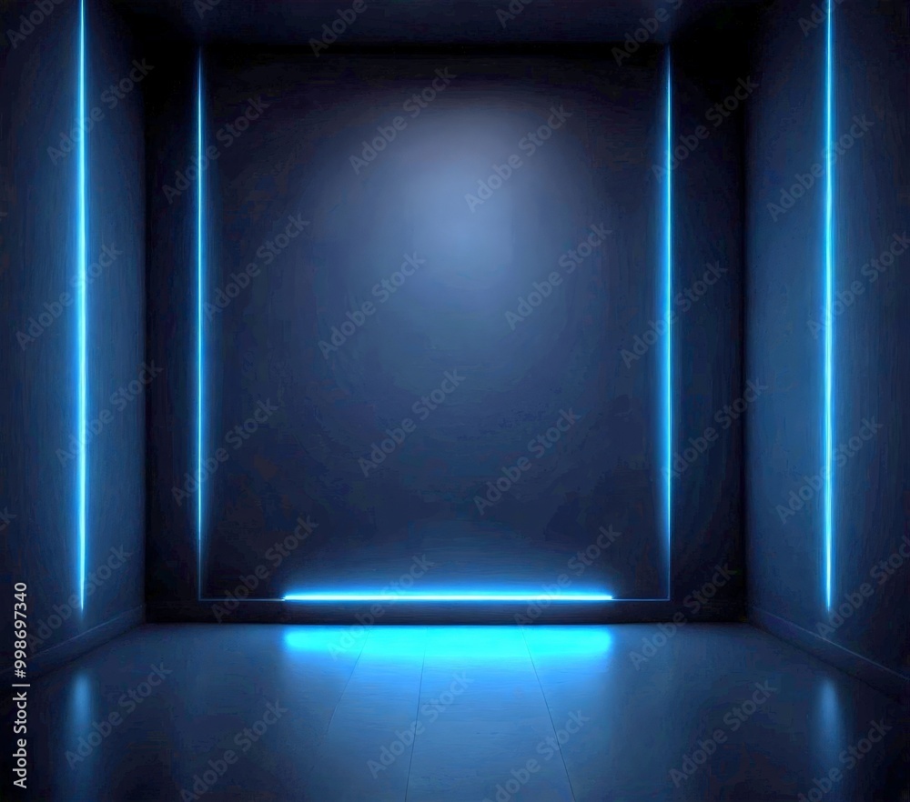 Poster a dark room with a minimalist design, featuring a large rectangular light source in the center and t