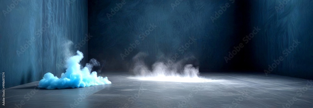 Poster a dark room with a large cloud of white smoke billowing from the floor, creating an ethereal and mys