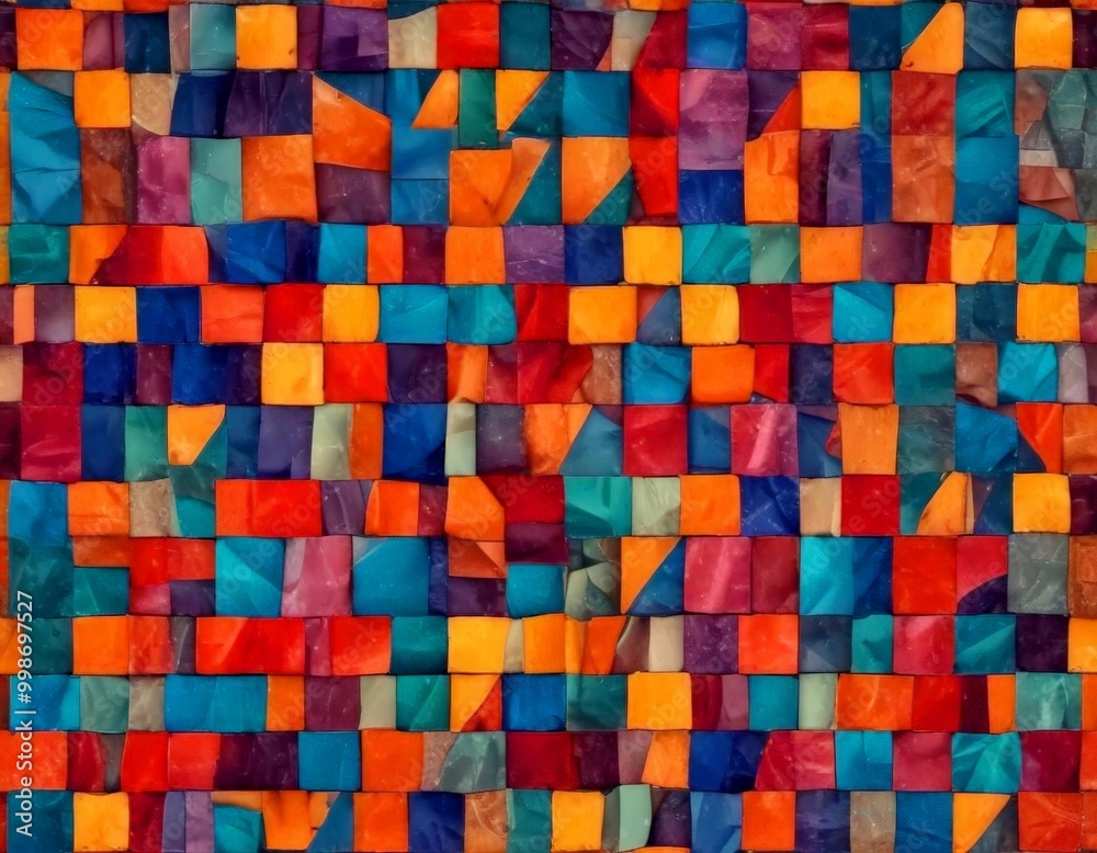 Fototapete a vibrant mosaic composed of multicolored squares, arranged in a grid-like pattern The squares vary in shades of red, orange, yellow, green, blue, and purple, creating a