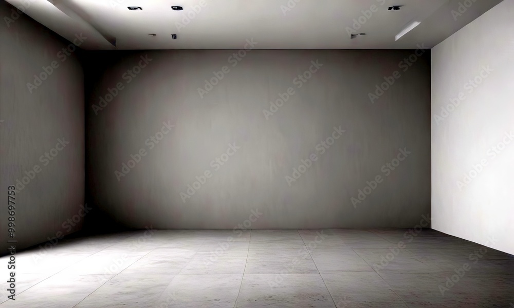 Poster a minimalist, empty room with a gray color scheme, featuring a large white wall, a gray floor, and a