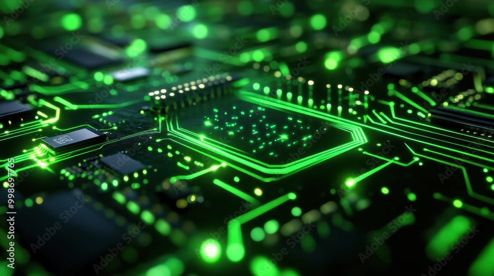 Poster bright neon green data streams in a motherboard circuit, creating a futuristic internet and network 