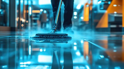 A professional cleaner using a steam mop on a shiny tile floor in a commercial space, highlighting the effectiveness of modern cleaning technology