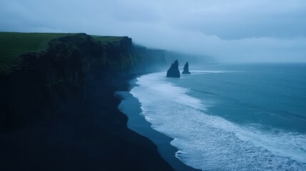 Icelandic volcanic black sand beach with dramatic ocean views for travel posters
