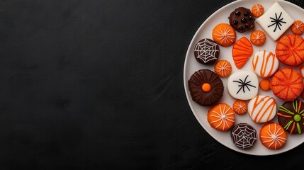 Tray with assorted Halloween sweets, spider web pattern, dimly lit, eerie vibe