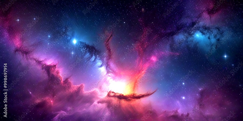 Poster a vibrant cosmic scene, featuring a nebula with swirling clouds of gas and dust illuminated by a bri