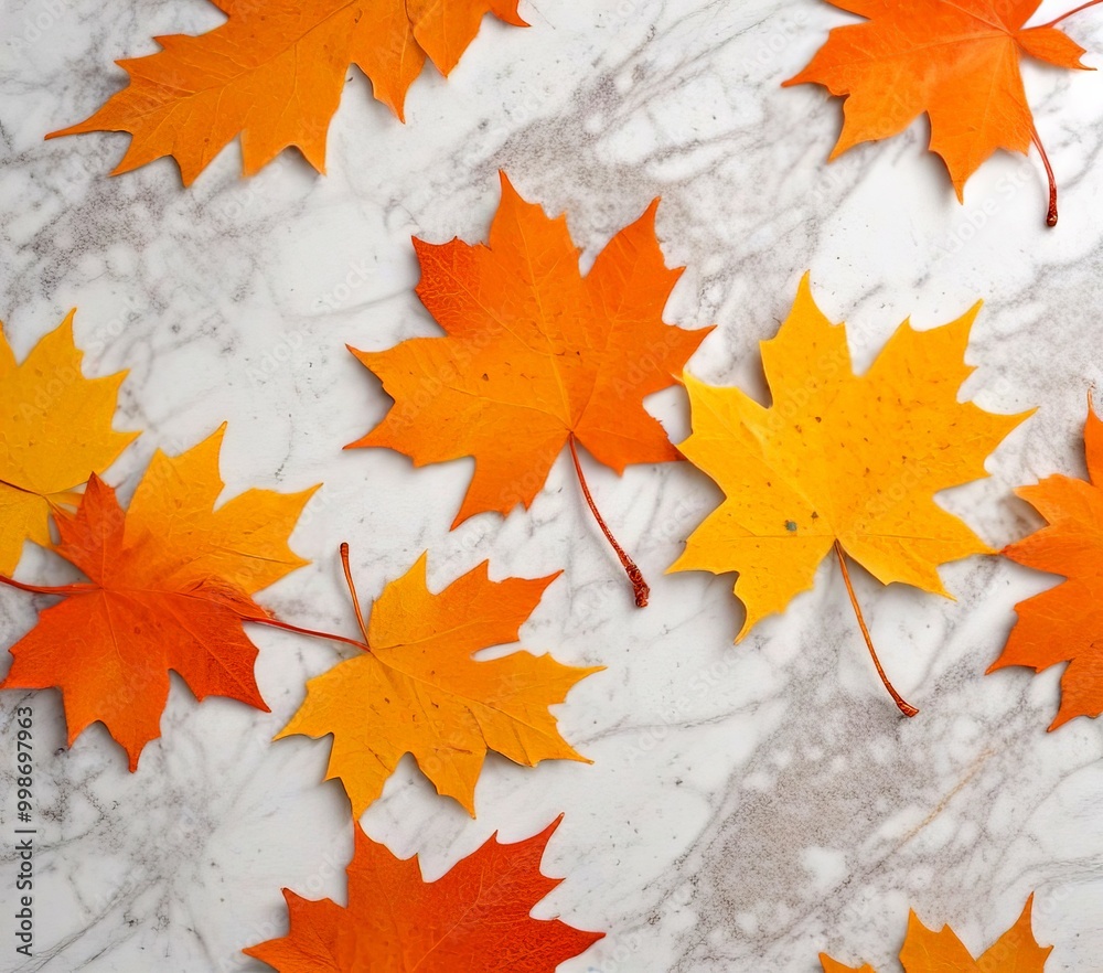 Poster A collection of vibrant orange and yellow maple leaves arranged on a marble surface, creating a visually appealing autumnal scene