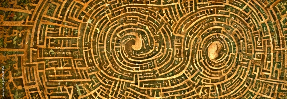 Poster a close-up view complex maze-like pattern with intricate designs and symbols, suggesting a cultural or historical significance