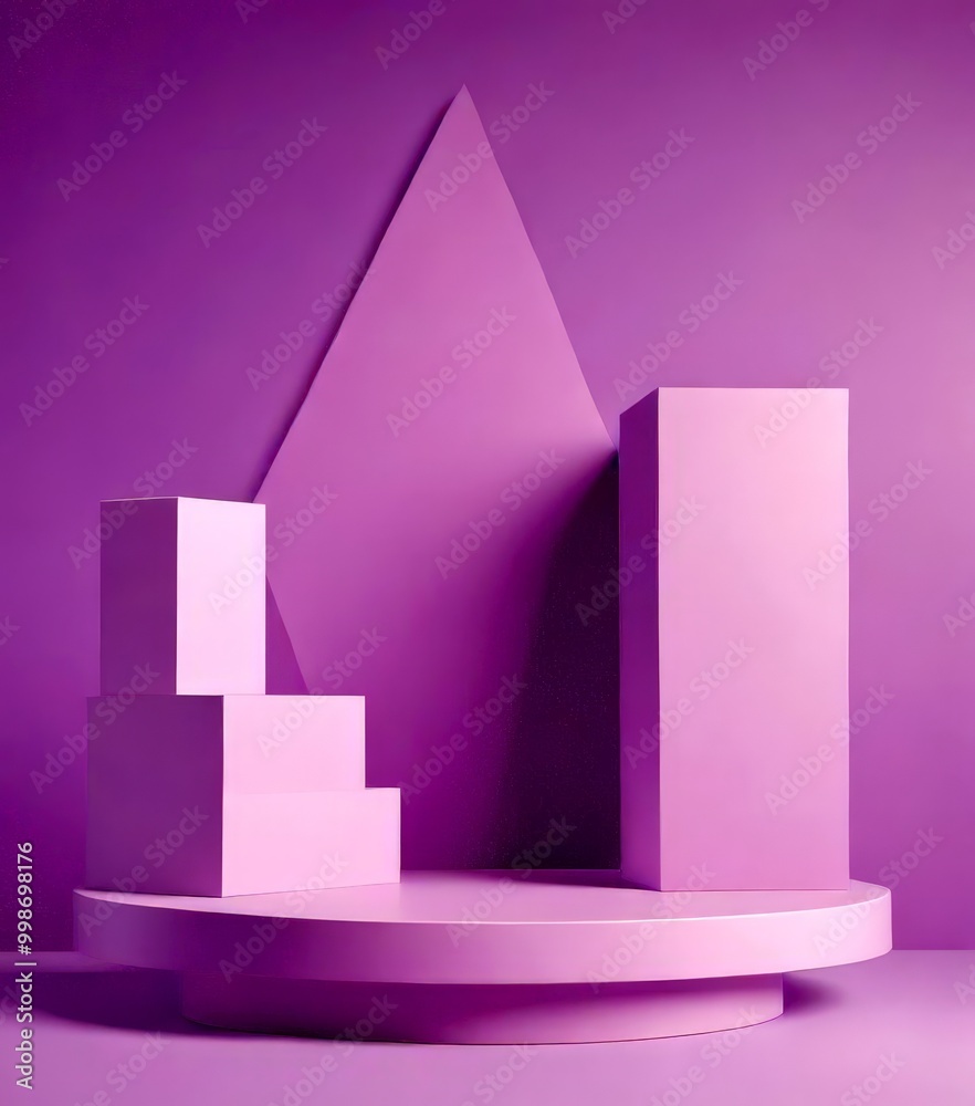 Poster a minimalist stage set with three geometric shapes in a vibrant purple background