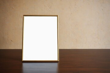 there is a picture frame on a table with a wall in the background