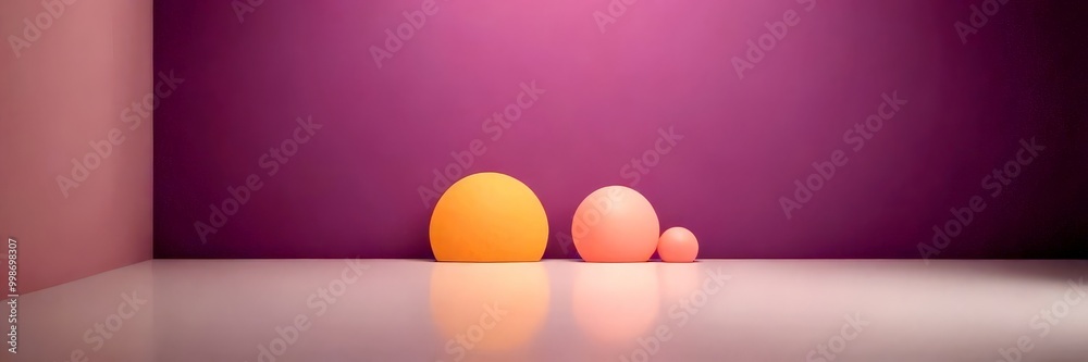 Aufkleber three spheres of varying sizes are arranged in a minimalist setting against a purple wall, with a re